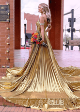 Gabrielle |Long Gold Prom Dress Metallic With A Line Off the Shoulder Pleated Split - Gold - PromDressClub